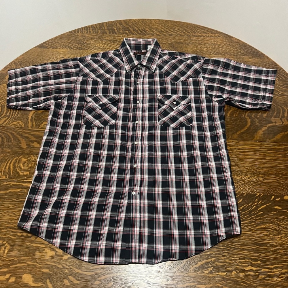 Plains Western Shirt Mens Large Black Red Plaid Snap Button Short Sleeve Yoke